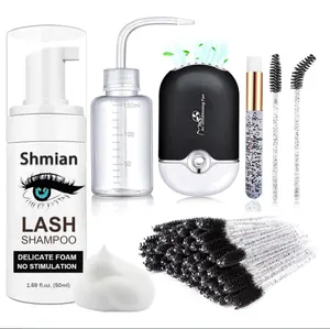 Lash Shampoo for Lash Extensions, Lash Fan with 50ml Eyelash Foam Cleanser and 50 Pcs Eyelash Brush and Rinse Bottle Oil Free/Sulfate Free Eyelash Wash Remover For Eyelash Extension Wash, Black