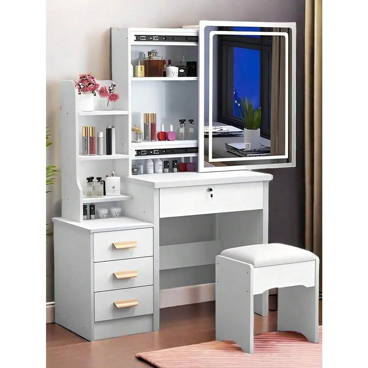 34. 8" Elegant White Makeup Vanity Desk With Sliding Lighted Mirror & Touch Control 3-Color Adjustable Lights, 4-Drawer Dressing Table Set With Stool, Storage Shelves – Modern Space-Saving Vanity Table For Bedroom, Perfect Gift For Little Girls, Women, Wi