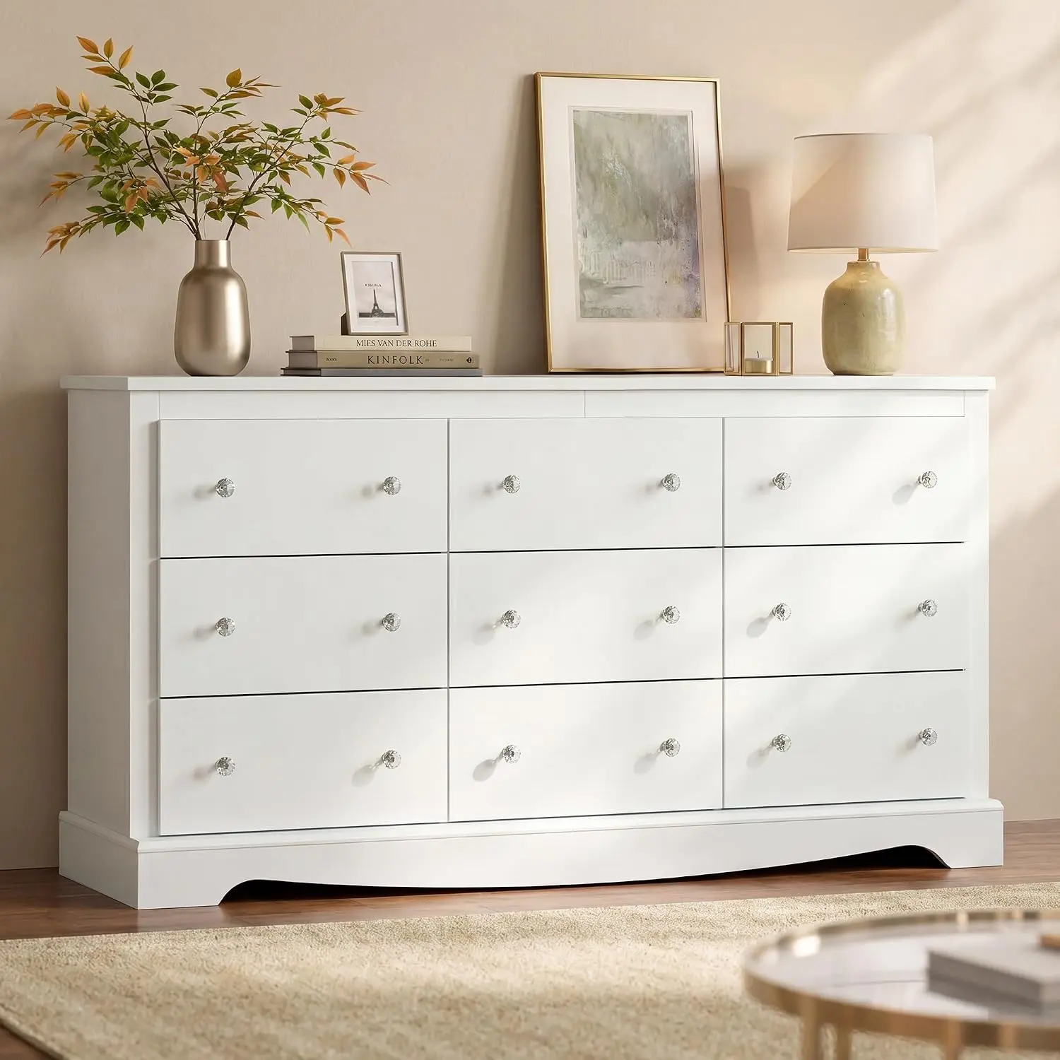 WLIVE 63" Bedroom Dresser, Modern 9-Drawer Wooden Chest with Exclusive Anti-Tip Structure, Metal Handles, for Living Room, Closet, Indoor Home Furniture, White