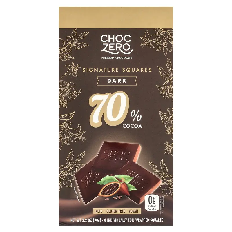 ChocZero Signature Squares, Dark Chocolate, 70% Cocoa, 8 Squares 3.2 oz (90 g)