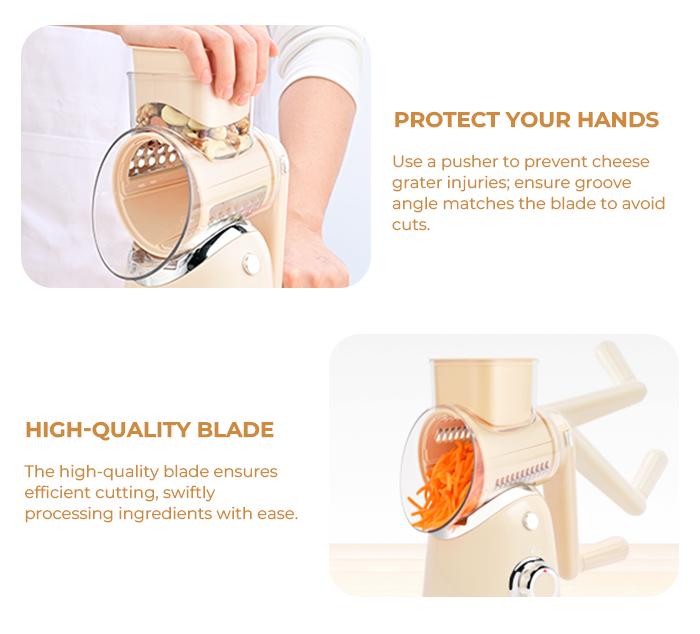 SUSTEAS Rotary Food Cheese Grater with 5 Replaceable Blades, Strong Suction Cup Base, BPA Free, Kitchen Essentials, Kitchen Utensils New Beige Vegetable Cutting Slicer Vegetable Fruit Cutter