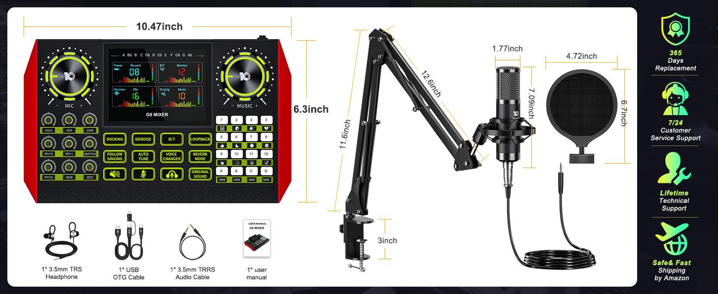 Tenlamp G9 Series Live Streaming Sound Card with Voice Changer, Dual-Level Noise Reduction & Built-in 2000mAh Battery Mixer for Live Streaming, Singing & Video Production (Optional Microphone Kit)