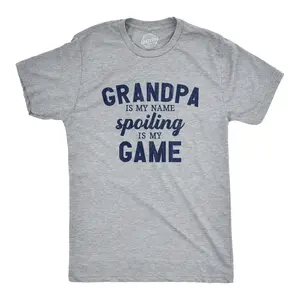 Mens Grandpa Is My Name Spoiling Is My Game T Shirt Funny Pampering Grandfather Tee for Guys Mens Funny T Shirts Cool Vintage Fashion T-Shirt Gift Classic Menswear Funny Grandpa Short Sleeve Novelty Tees for Light Grey
