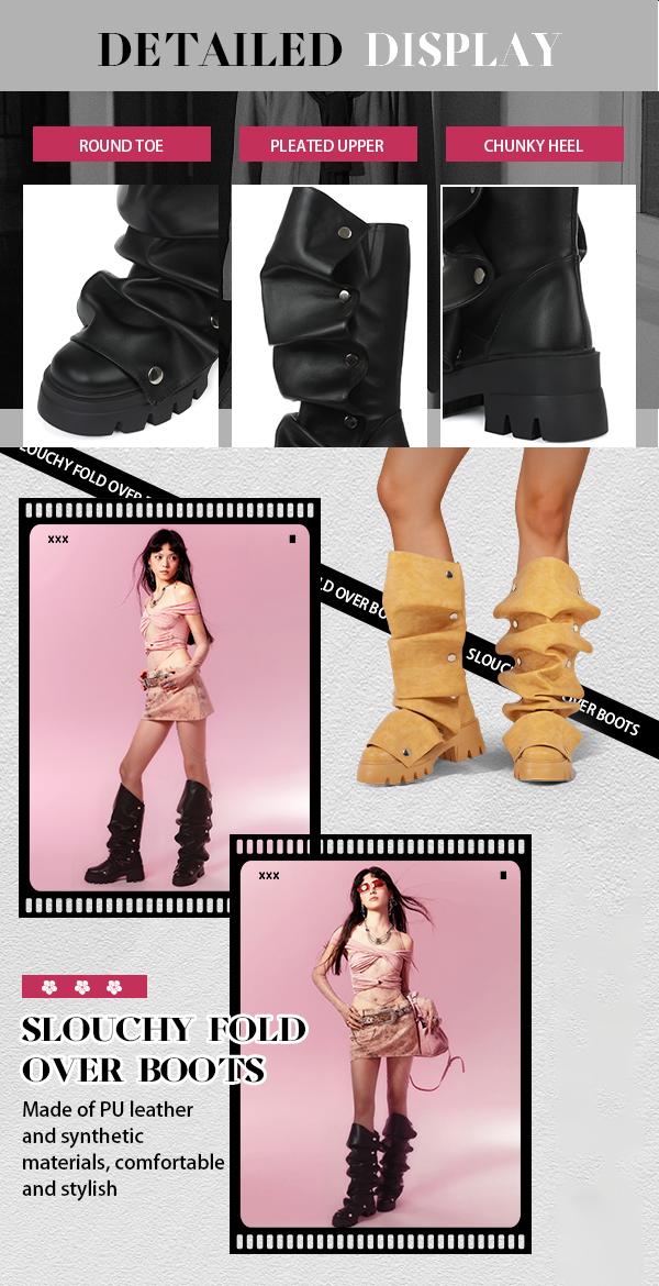 EROCALL Women's Knee High Thigh High Slouchy Boots Round Toe Ruched Stiletto Heel Shark Booties for Office Party Walking Shoes Footwear SpringStatements