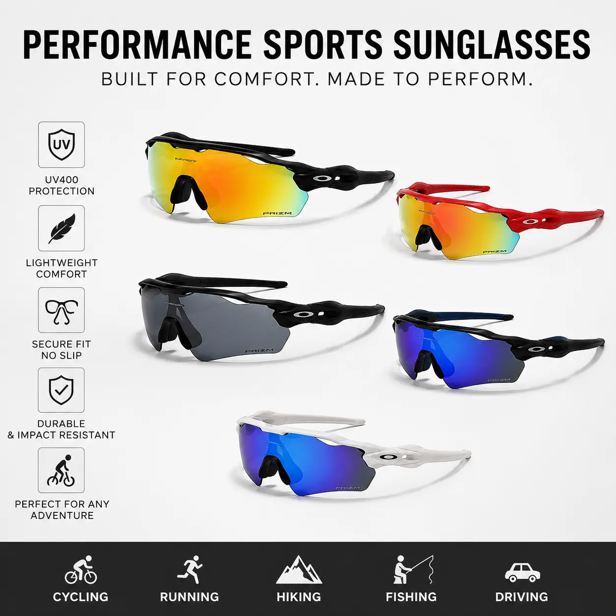 Lightweight Wraparound Sports Sunglasses, UV400 Protection, 1-Piece Shield Lens for Cycling, Running, Daily Outdoor Use