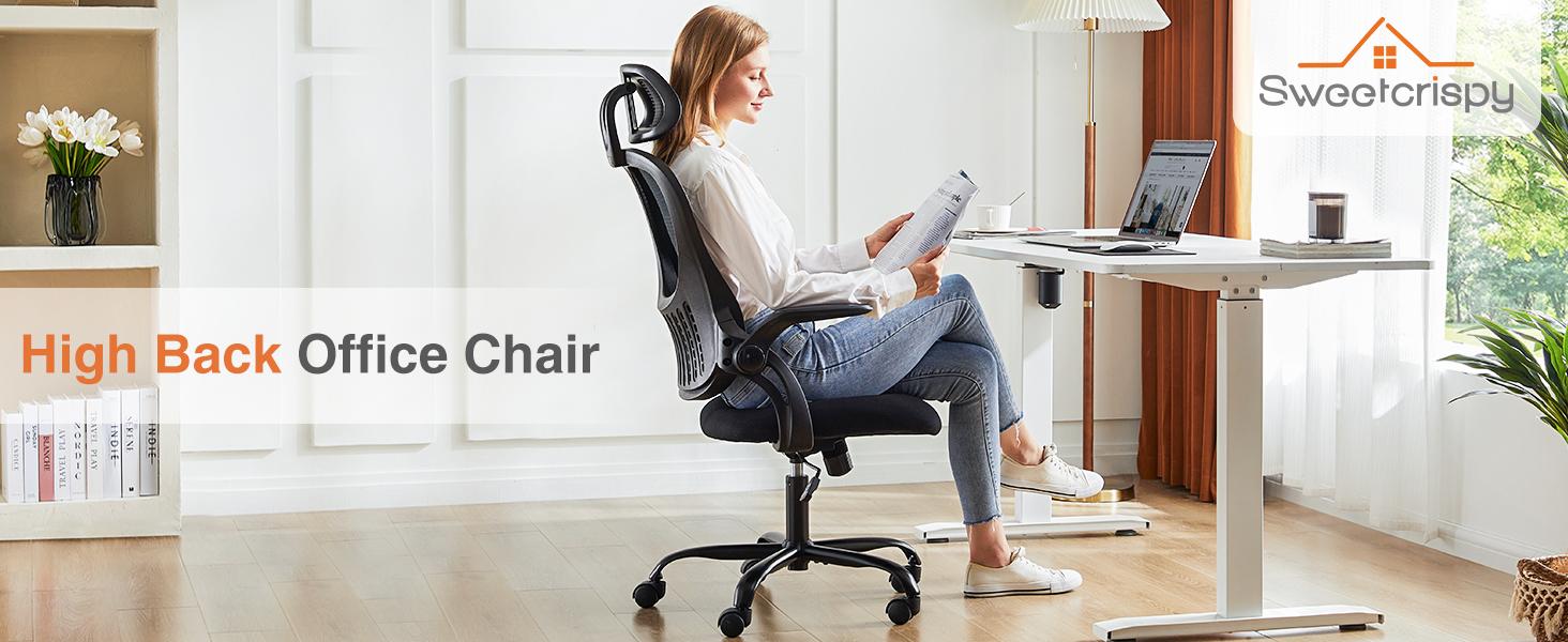 Sweet Furniture F Office Computer Desk Chair, Ergonomic High-Back Mesh Rolling Work Chairs with Wheels and Adjustable Headrests, Comfortable Lumbar Support, Comfy Flip-up Arms for Home, Bedroom