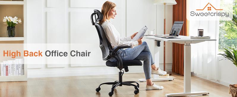Sweet Furniture F Office Computer Desk Chair, Ergonomic High-Back Mesh Rolling Work Chairs with Wheels and Adjustable Headrests, Comfortable Lumbar Support, Comfy Flip-up Arms for Home, Bedroom