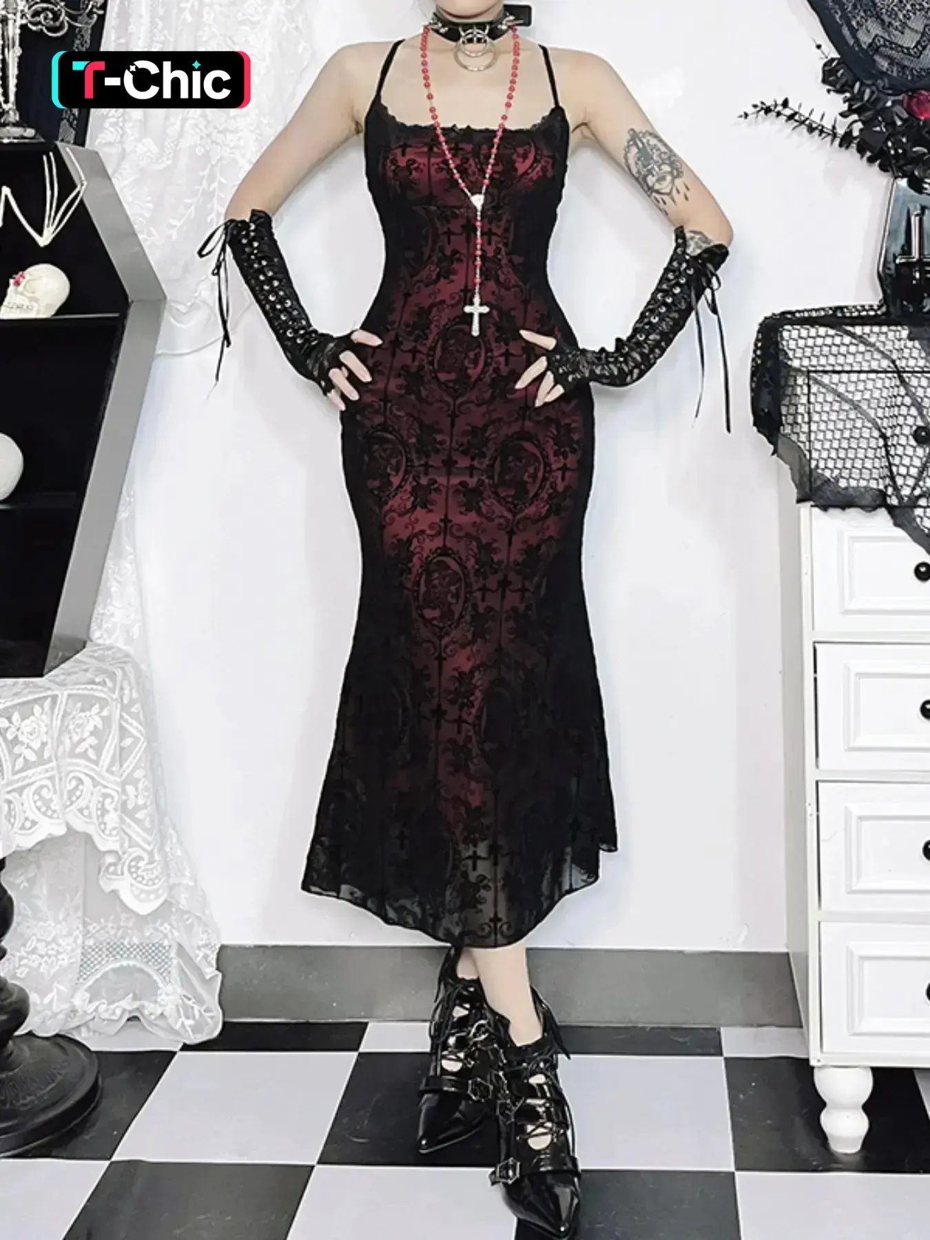 Women's Cross & Skull Print Contrast Lace Bow Decor Mermaid Dress Gothic Prom Dress, Elegant Adjustable Strap Cami Dress for Party Holiday Wedding Guest, Ladies Fall Clothes, Bodycon Fit Dress