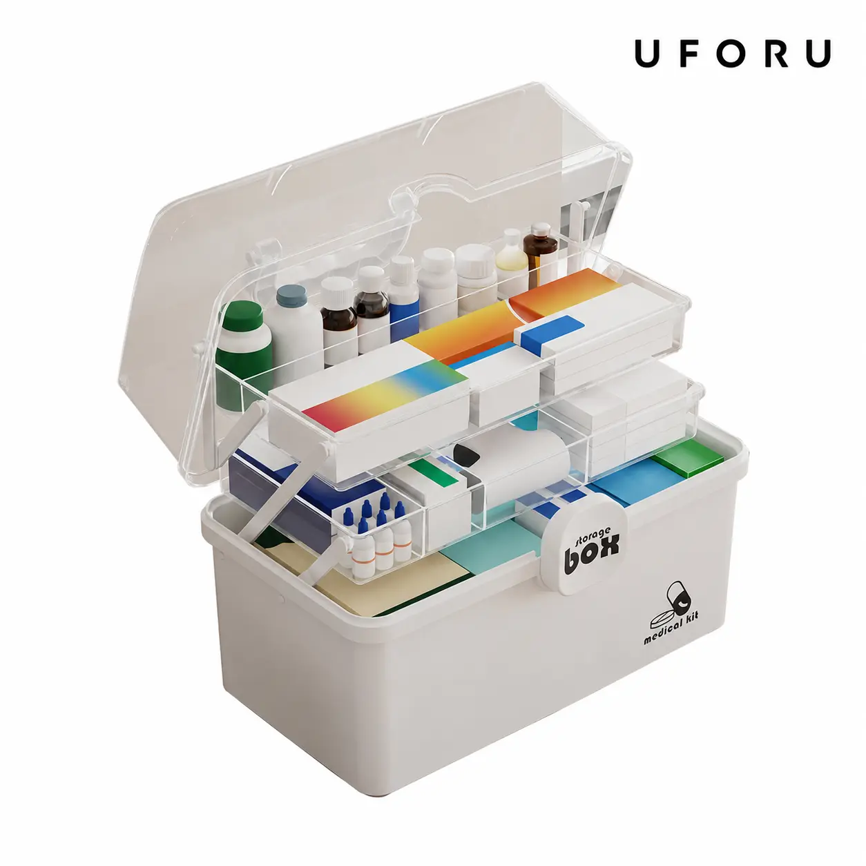 UFORU 3-Tier Drug Cabinet with Sliding Rail, Handles, Light-Blocking Compartment & Button, Portable Large-Capacity Home Organizer for Countertops, Household First Aid Storage Box