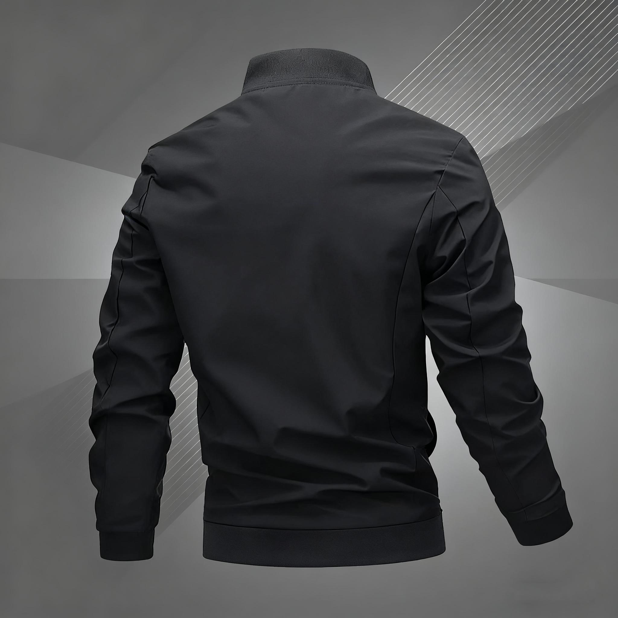 Men's Embroidered Baseball Jacket - Black Casual Sports Coat with Zipper Closure, Polyester Fiber Lining, Regular Fit for Spring/Fall, Outerwear for Spring Style | Fashionable Embroidery | Elegant Texture,fall outfits, business casual outfits