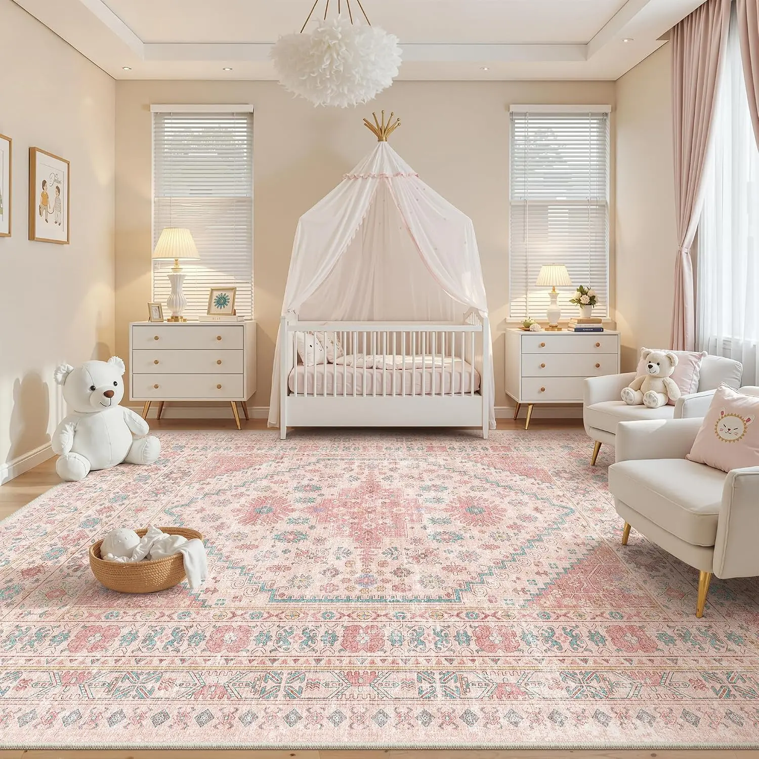 ComiComi Pink Princess Vintage Floral Area Rug, Soft&Cozy High-Density Low Pile Machine Washable Rug, Water&StainResistant, Non-Slip Backing Soft Carpet for Nursery, Kids Room, Bedroom, Living Room,Gril's Room Decor Item,Princess Room