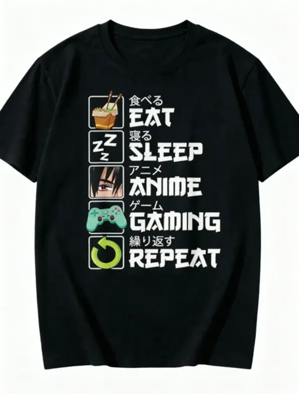 Women's Short-Sleeve Round-Neck Oversize Cotton T-Shirt, Anime Gamer Themed, Eat Sleep Anime Gaming Repeat Japanese Kanji Icon Heat Transfer, Soft Breathable, Loose Fit for Otaku Casual Daily Outfits, Shortsleeve, Top, Tshirt, Stylish