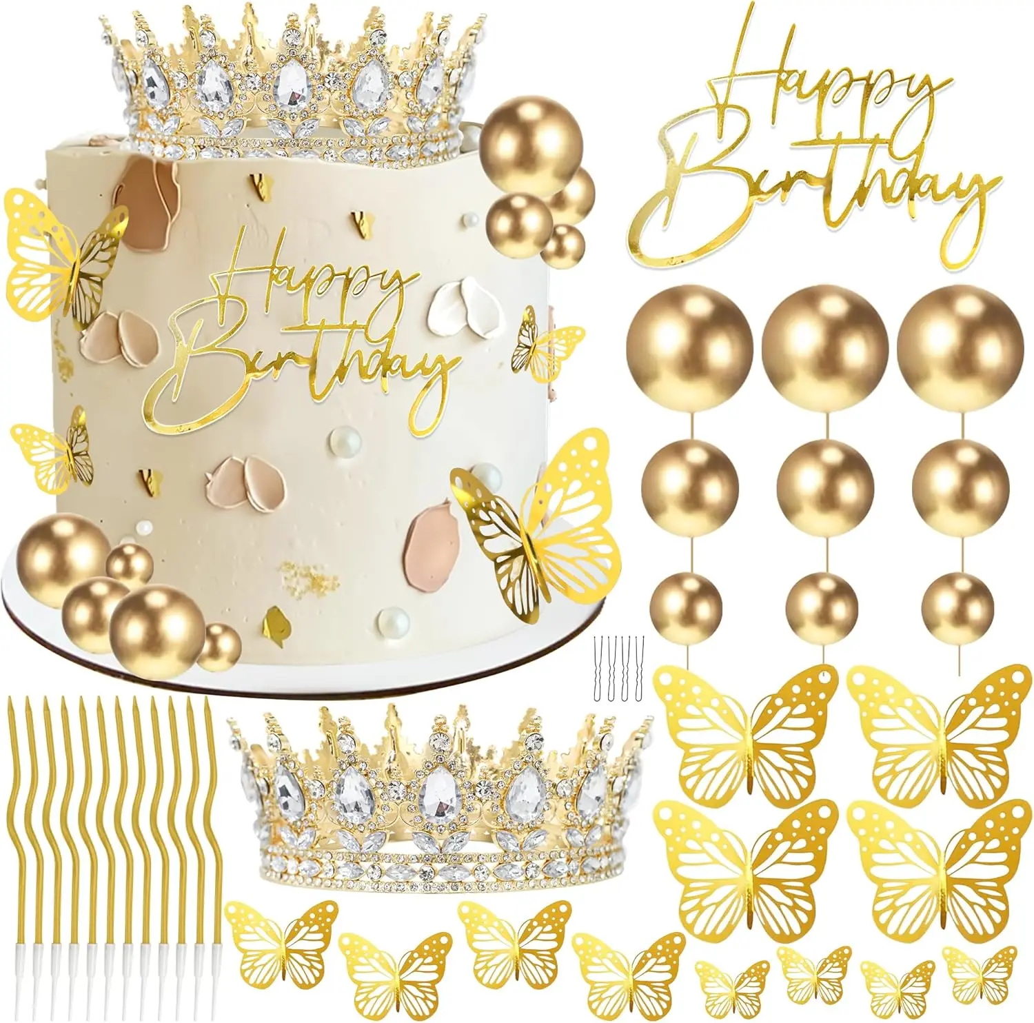 Crown Cake Topper, Gold Happy Birthday Cake Toppers Crown Balls Candles Butterflies, Corona Para Pastel, Cake Decorations for Women Princess Queen Wedding Party Decorations