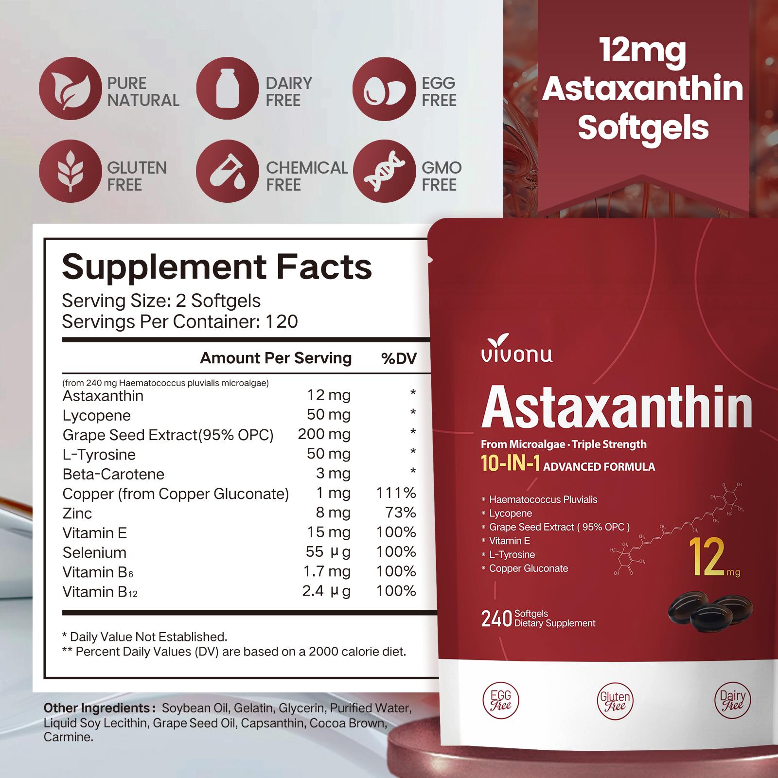 VIVONU Astaxanthin Capsules | 12mg Astaxanthin + Haematococcus Pluvialis + Grape Seed Extract + Tomato Extract + L-Tyrosine + Vitamin E + Copper Gluconate | Skin Support | Antioxidant Protection | Eye & Metabolism Support | 240 Capsules