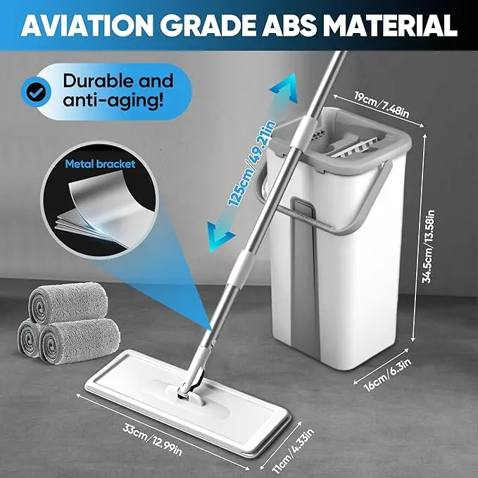 1 Set Flat Mop Bucket Set with Extra 2 Replaceable Microfiber Mop Cloths, Stainless Steel Mop Rod,  Hand-free Flat Mop with Bucket, Wet and Dry Wash-off Separation, Cleaning Supplies Cleaning Mop,  Wooden Floor, Glass, Household Items Cleaner Home Pad Han