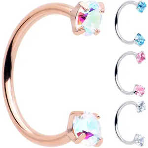 Double Gem Titanium Horseshoe Nose Ring -  Push In Threadless Titanium CZ Horseshoe Nose Hoop