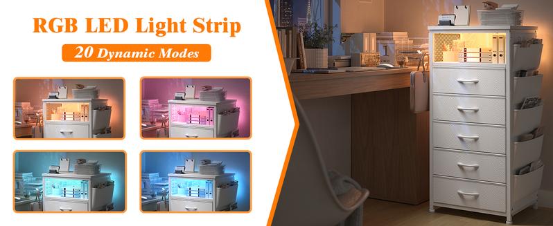 Raybee LED Nightstand with 4/5 Fabric Drawer & Charging Station，Set of 1/2,  Bedside Table, Tall LED Nightstands with USB Ports & Outlets, White End Table with Side Bag & Hooks, Bedroom Furniture, Storage Cabinet