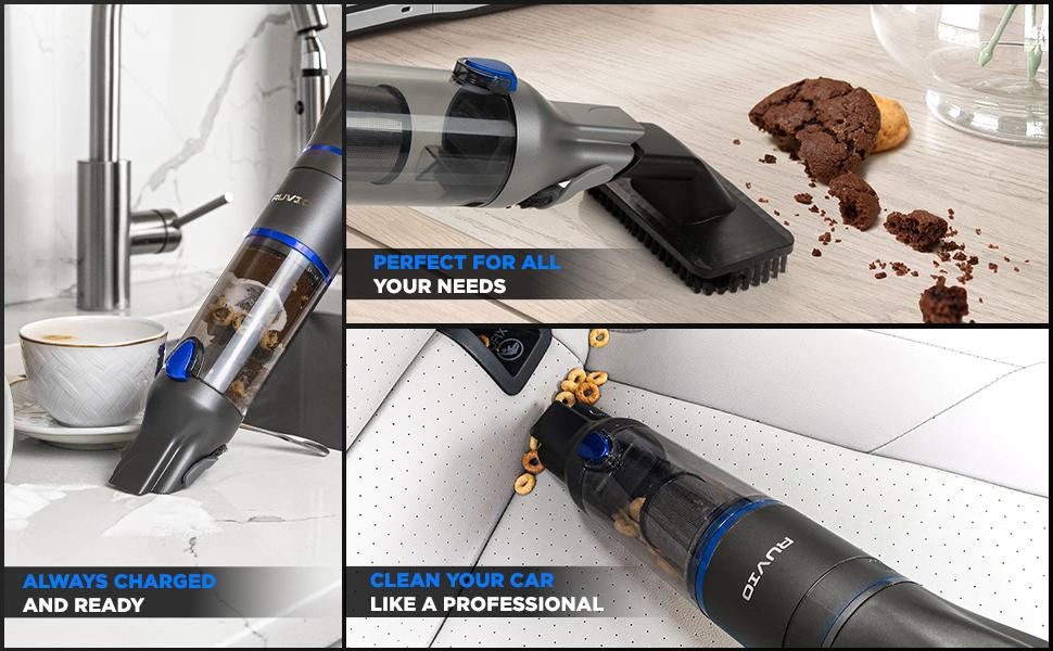 Ruvio PRO Cordless Hand Vacuum 17” Portable Vacuum Cleaner for Home and Car Use, Rechargeable Vacuum with Double HEPA Filtration System, High Power Motor Hand Vacuum Cleaner