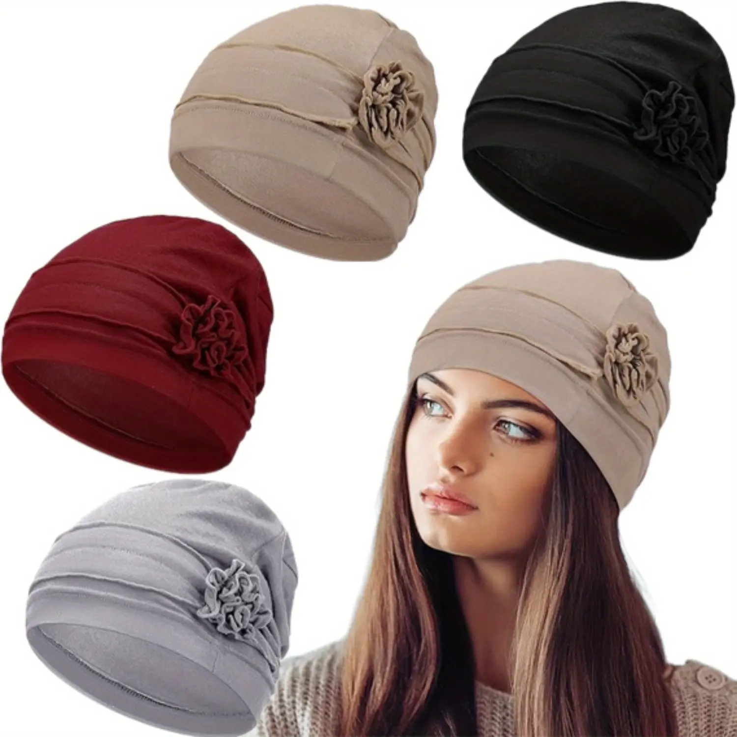 [Summervibes] 4Pcs/Set Chemo Turban Headwear for Women,Slouchy Soft Chemo Cancer Hats,Women Elastic Sleep Cap with Flower Design,Halloween Christmas Party Decor Gifts