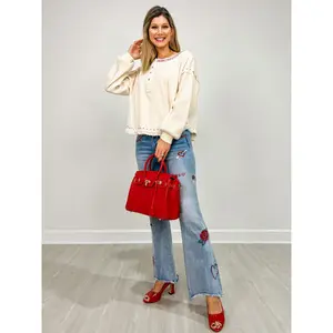 Washed X Stitch Detail Fabric Mix Long Sleeve Top