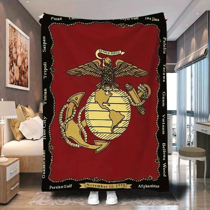 Semper Fidelis Marine Corps Badge Knitted Polyester Plush Throw Blanket - Super Soft, All-Season Comfort, Ideal Father's Day Gift for Family Members