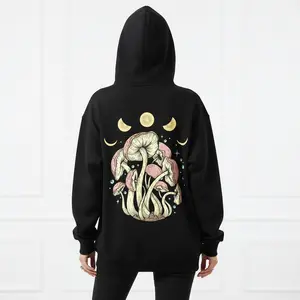 Women's Mushroom & Moon Print Graphic Hoodie - Cotton Blend Black Long Sleeve Pullover Regular Fit |   Soft & Breathable Fabric, Durable Print, Everyday Comfort, Machine Washable, casual artistic beach sunset