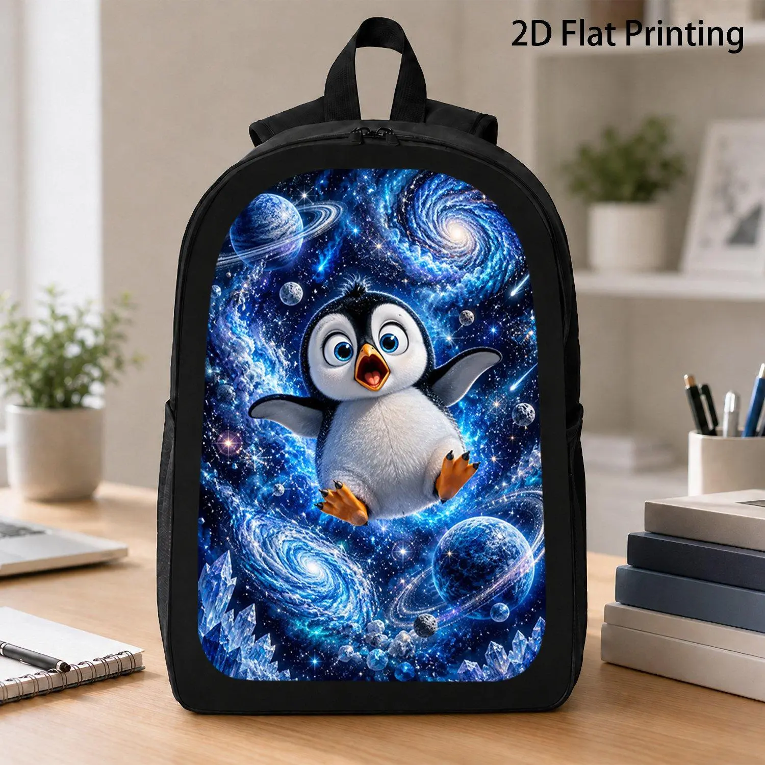17 Inch Backpack Youth Style Universe Print Featuring Deep Space Blue Swirl Galaxy Crystal Planet Star Meteor Excited Baby Penguin Pattern Durable School Travel Bag