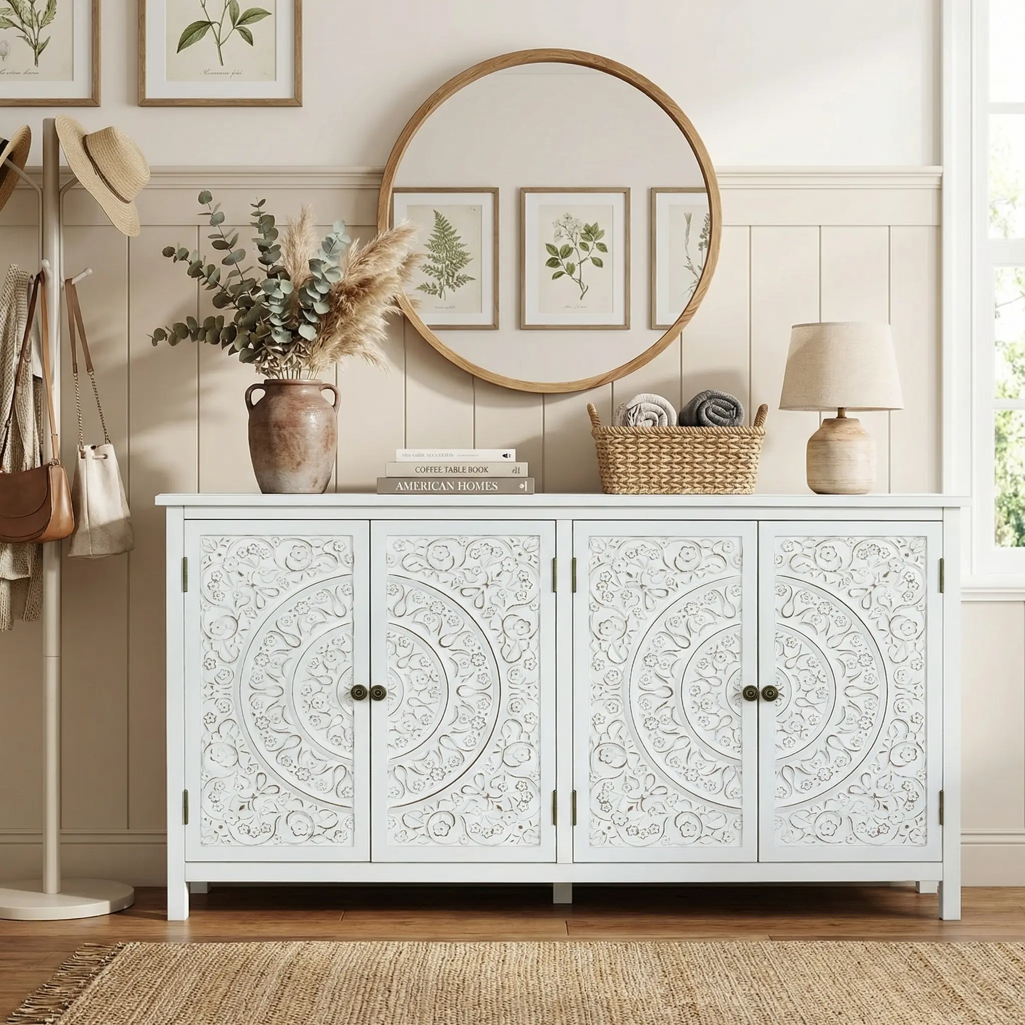60-in Farmhouse Buffet Cabinet - White Rustic Carved Wood Accent Cabinet with 4 Doors, Adjustable Shelves, Chic Storage for Entryway, Living Room, Farmhouse Buffet Cabinets