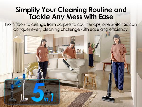 Tineco FLOOR ONE Switch S6 Wet Dry Vacuum Cleaner,Smart Floor Washer,5-in-1 Multi-Function,Self-Cleaning,5min Flash Dry, ZeroTangle Brush,Dual-Edge Cleaning,Whole-House Cleaning