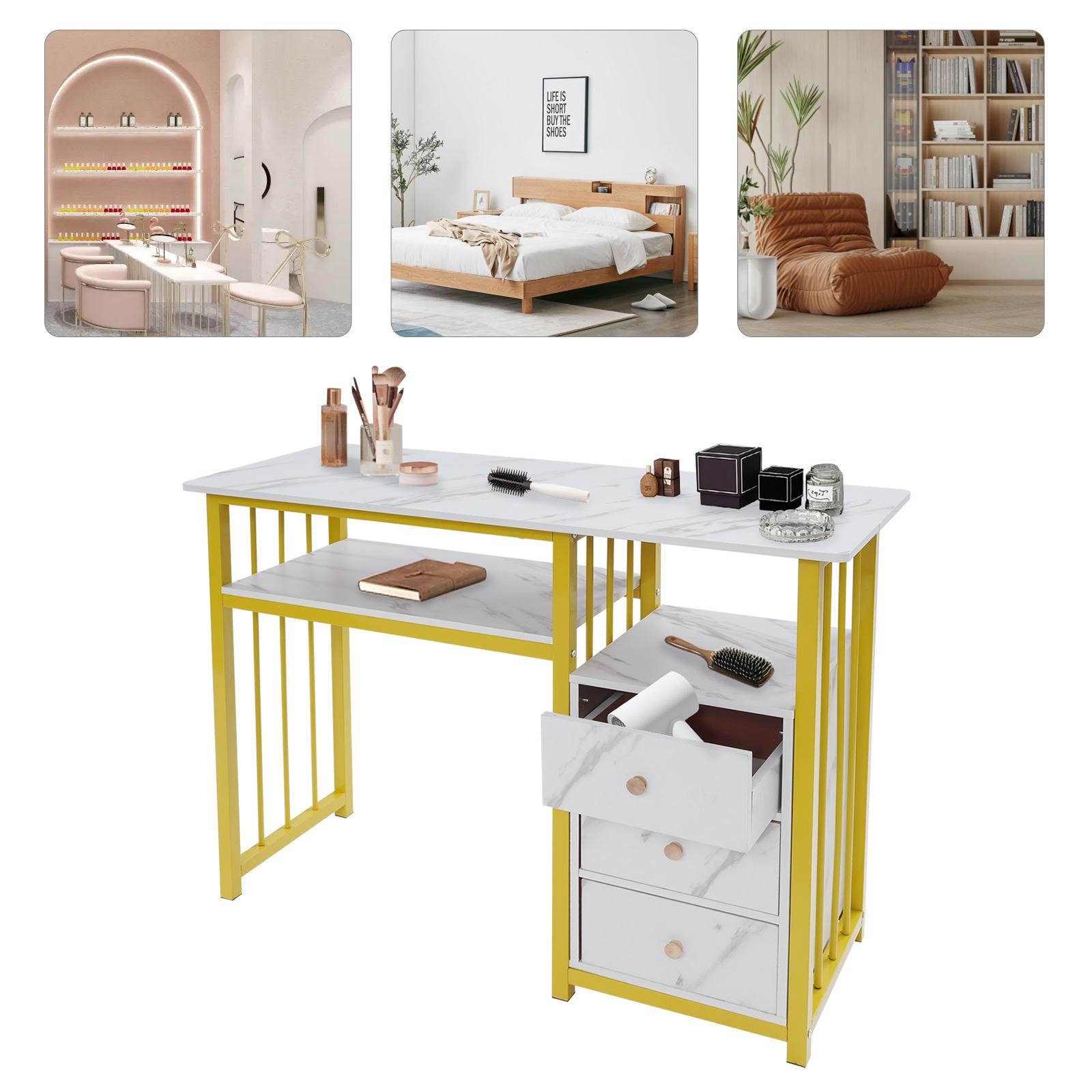 CNCEST Manicure Table with 3 Drawers 39.4 Inch Nail Salon Desk Gold White Marble Texture 66LB Capacity Beauty Station