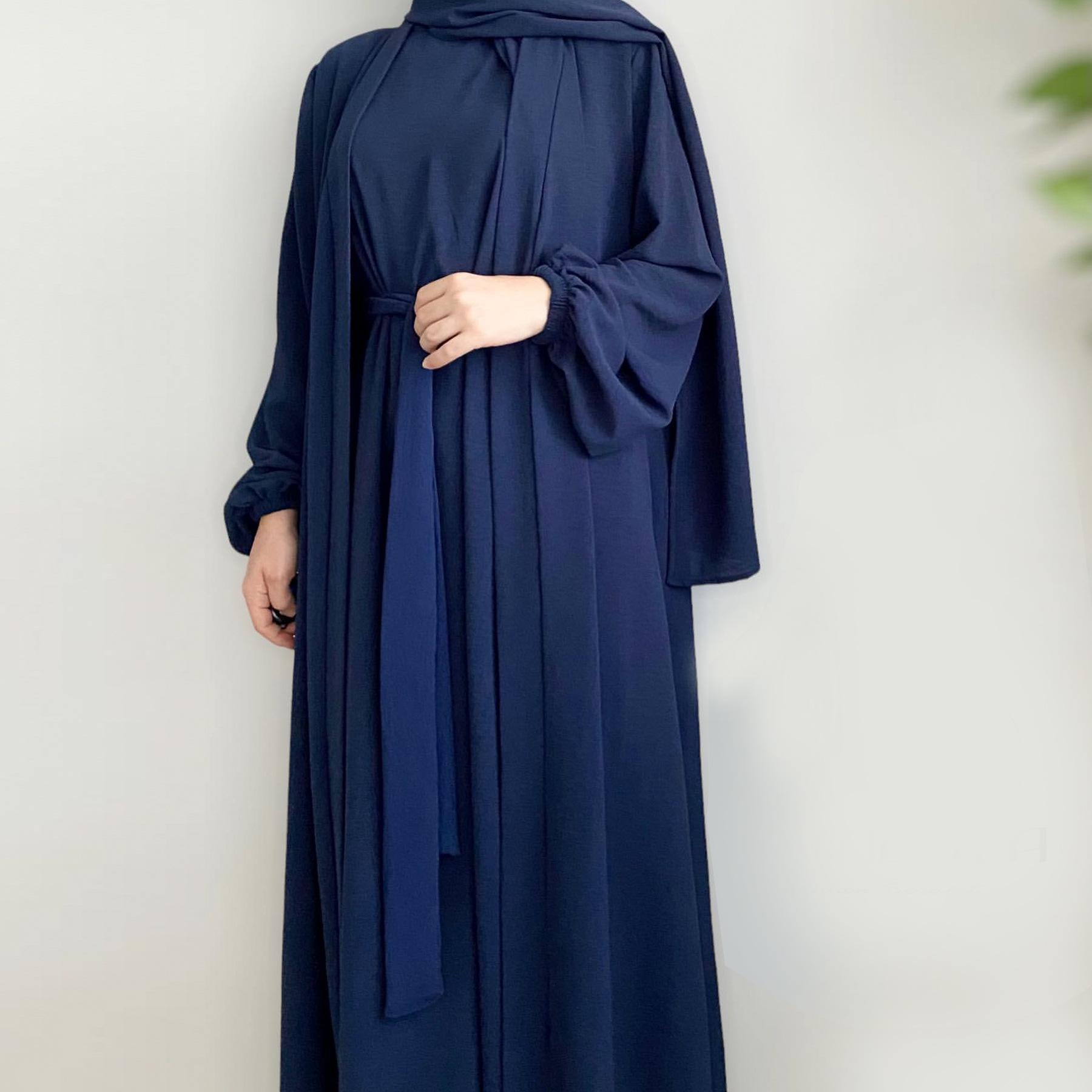 MOA092 Solid Color Elegant Open Abaya with Pockets 3-Piece Set for Women Breathable Fabric Full Length Jilbab Summer Outfits Modern Midi