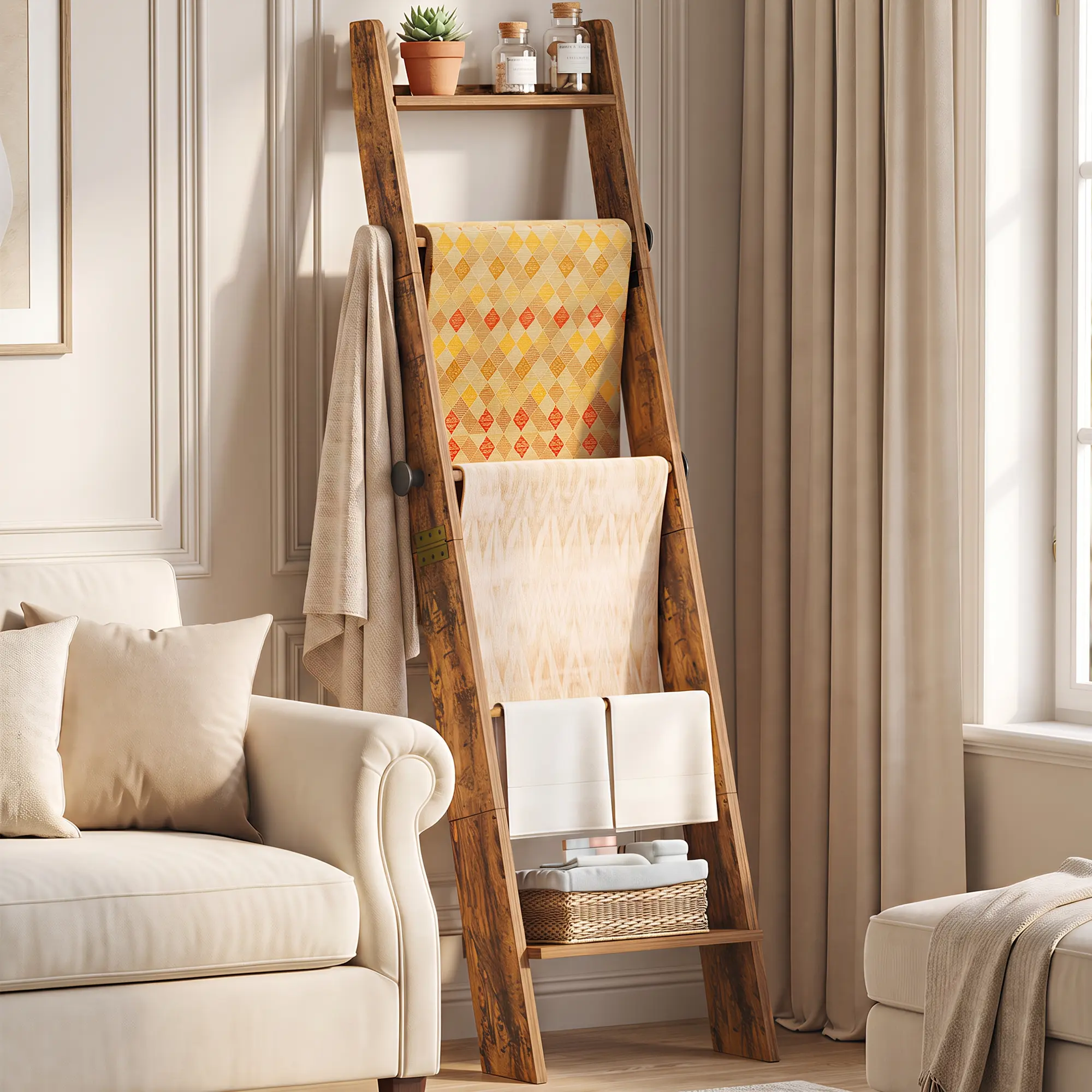 Hzuaneri Decorative Blanket Ladder - 4-Tier/5-Tier/6-Tier Indoor Furniture Shelf with 4 Removable Hooks, Farmhouse Hanging Organiser for Living Room Bedroom Storage, Shelves, Antitip Safe, Preassembled