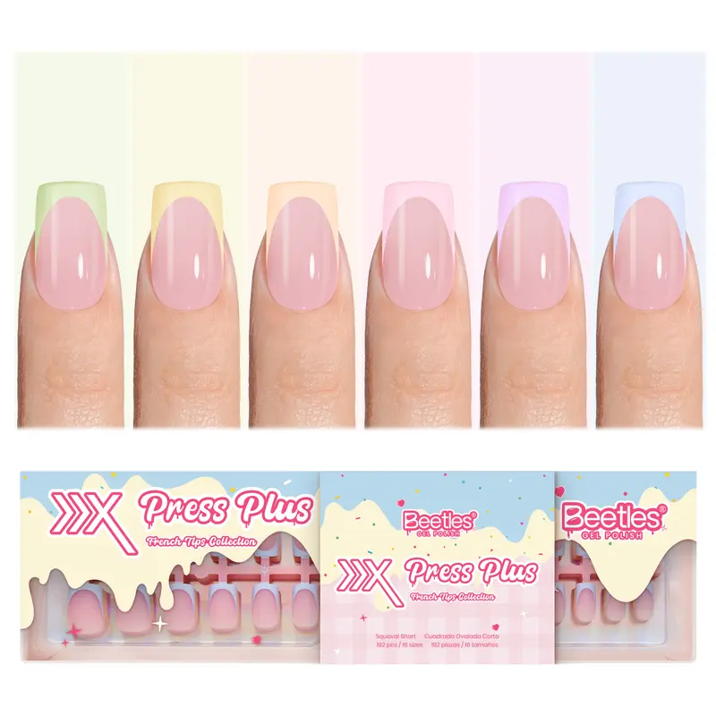 Beetles French Tip Kit - 192 Pieces Colorful Soft Gel False Nails (6 Pink, Blue, Green Shades) for Women's Manicure Nail Art, DIY Projects