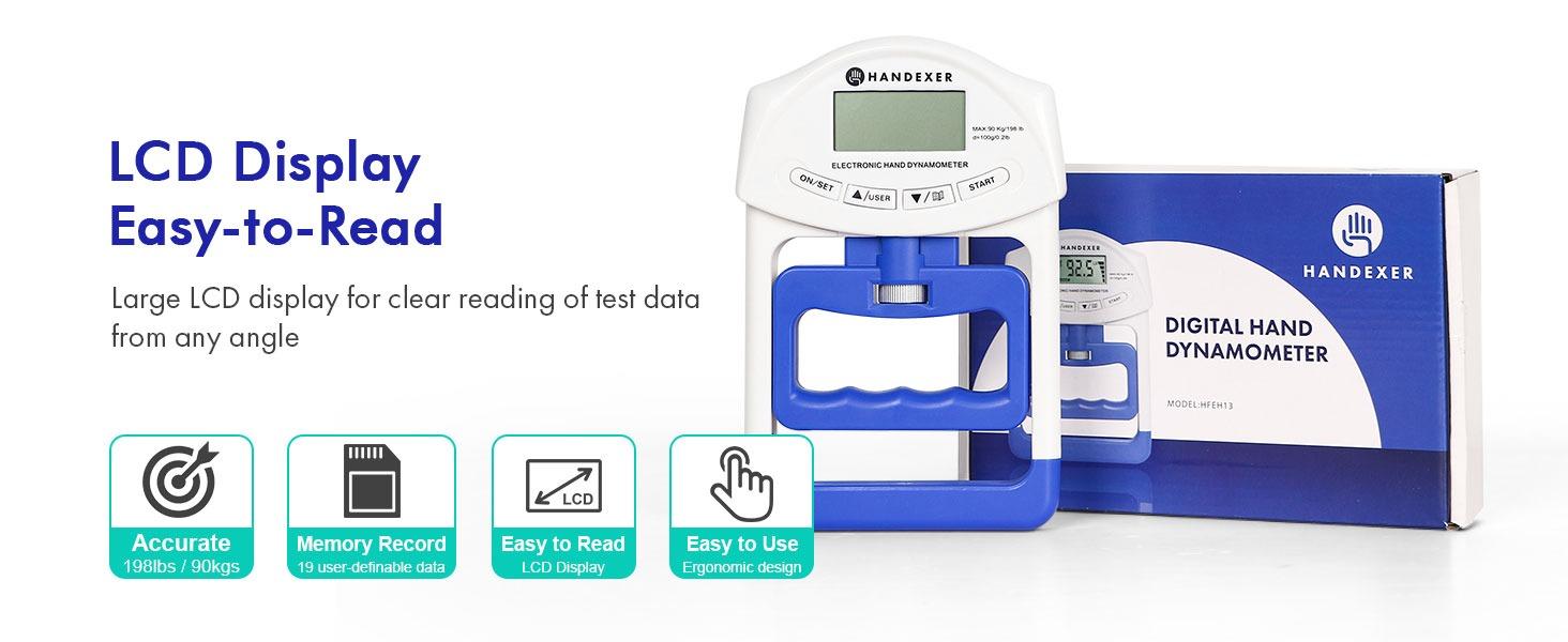 Handexer Grip Strength Tester 198lb/90kg, Digital Hand Dynamometer FDA Registered with Backlit LCD for Grip Strength Testing and Training
