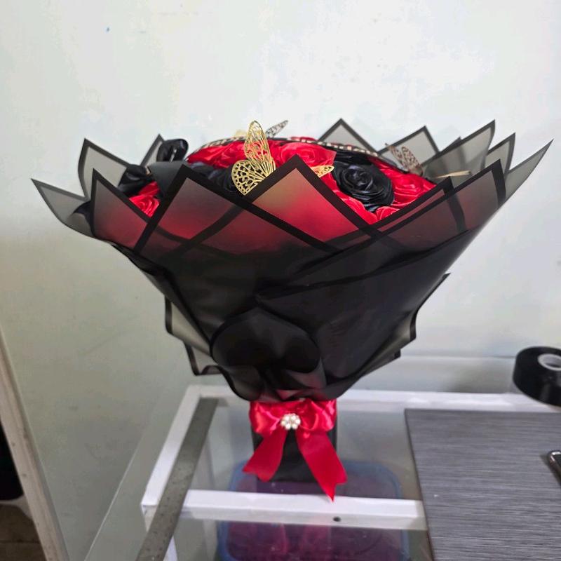 Eternal Roses Bouquet with Red & Black Roses Gold Butterflies and 'Happy Birthday' Ribbon for Special Occasions