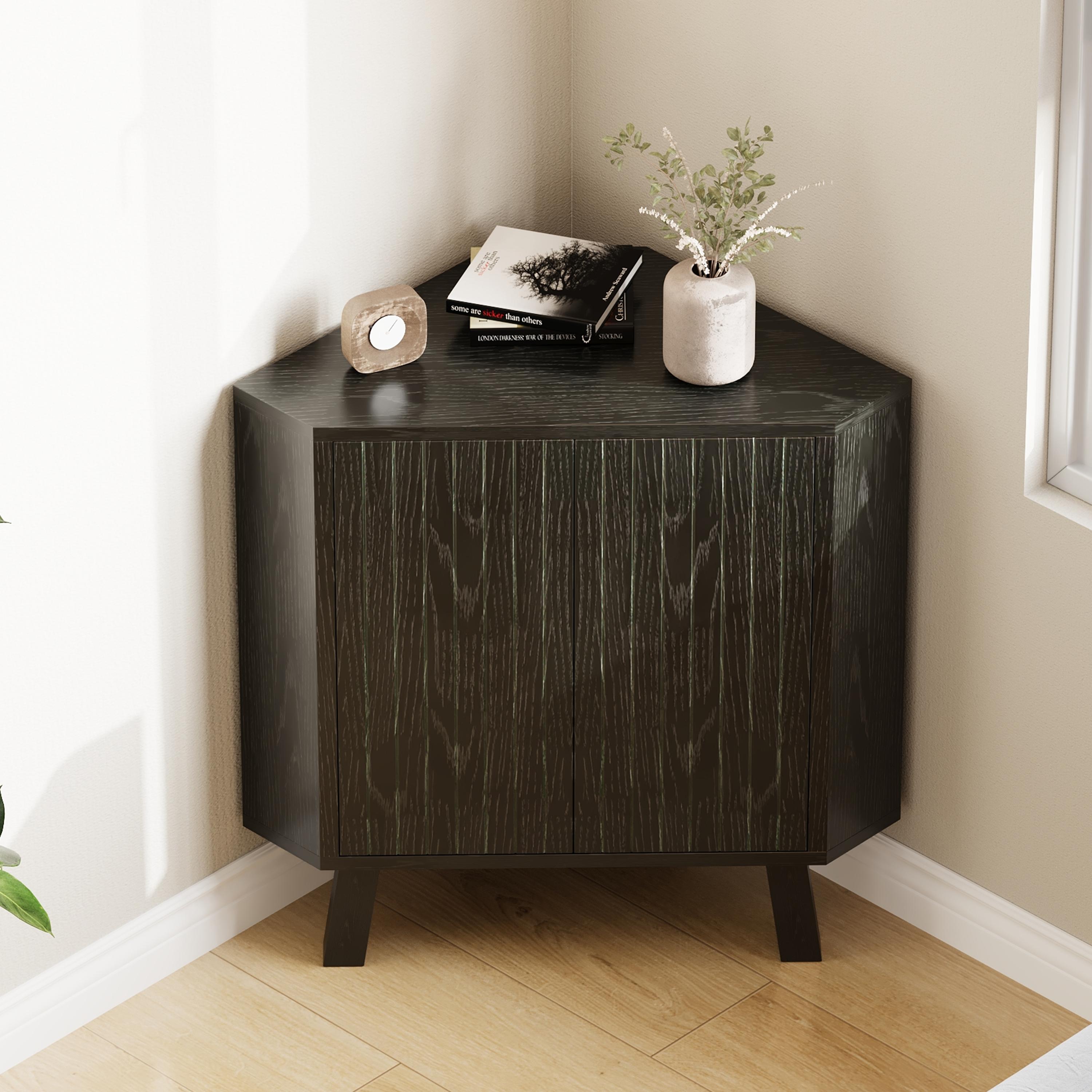 31.5'' Corner Cabinet with Doors, 3-Tier Industrial Fluted Corner Shelf with Adjustable Shelf, Freestanding Triangle End Table for Living Room, Bedroom, Kitchen, Bathroom 31.5'' Corner Cabinet with Doors, 3-Tier Industrial Fluted Corner Shelf with Adjustable Shelf, Freestanding Triangle End Table for Living Room, Bedroom, Kitchen, Bathroom