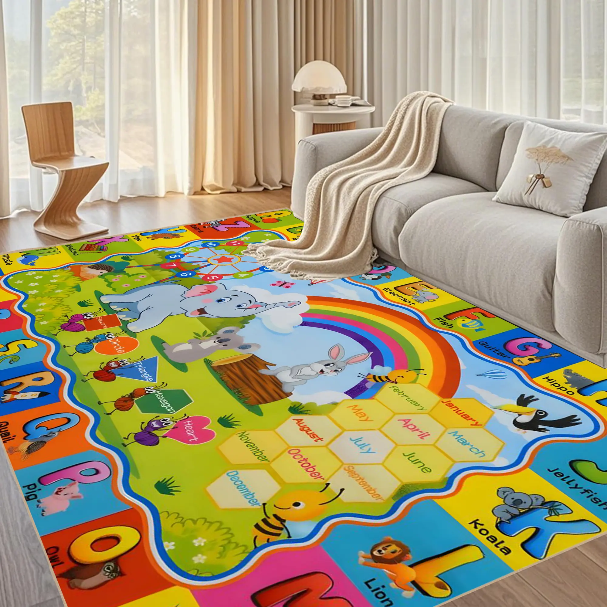 ABC Numbers Learning Flannel Play Rug for Kids, Soft Educational Floor Mat with Animals, Colors & Shapes