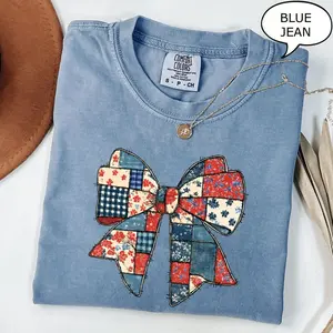 Comfort Colors Patchwork Bow T-shirt, America Bow Shirt, Patriotic Girl T-shirt, Fourth Of July Shirt, American Flag Shirt