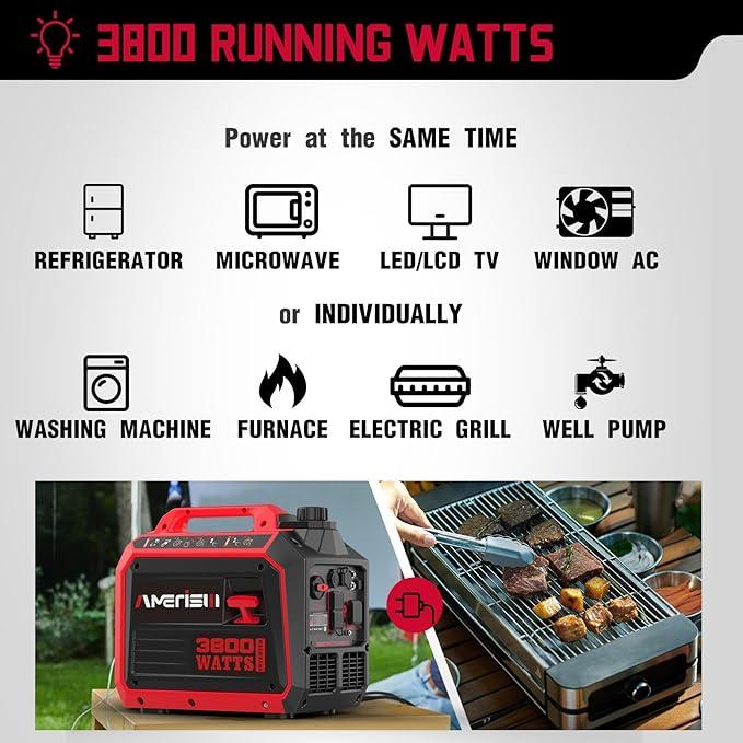 Amerisun 3800-Watt Gas Powered Portable Inverter Generator, Super Quiet and Lightweight for Home Use, Outdoor Camping, RV Ready 30A Outlet, Digital Display, EPA Compliant(AL5035C)