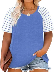 [Flash sale] Women's Plus Size Tops Striped Raglan Tee Shirts Casual Tunics Crewneck Summer Shortsleeve 1005