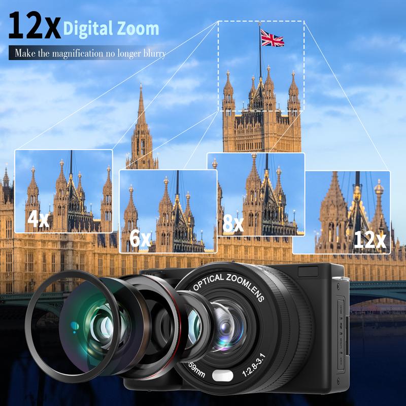 Portable Retro Camera,64MP vlogging camera with WiFi,4K Digital camera flip screen travel Camera,12X Optical Zoom ,camera microphone,64GB SD Card,Summer gift Outdoorfun