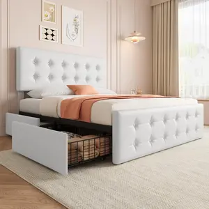 Full Size Bed Frame with 4 Drawers and Adjustable Headboard, PU Leather Upholstered Platform Bed with Button Tufted Design, No Box Spring Needed, Strong Wooden Slats, White