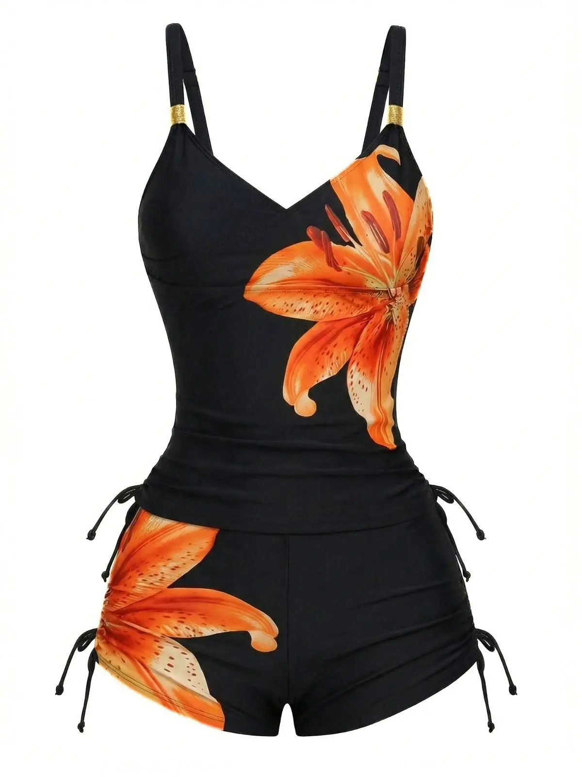 RETRO STAGE Women's 1950s Lily Floral Print 2-Piece Tankini Swimsuit Set - Polyamide Blend, Wireless Bra, High-Stretch Lace-Up Shorts, Multi-Size Women 2 Piece Sets for Beach, Bathing Suits, Beach Outfits, Two Piece Sets, Sets For Women 2 BackToSchool