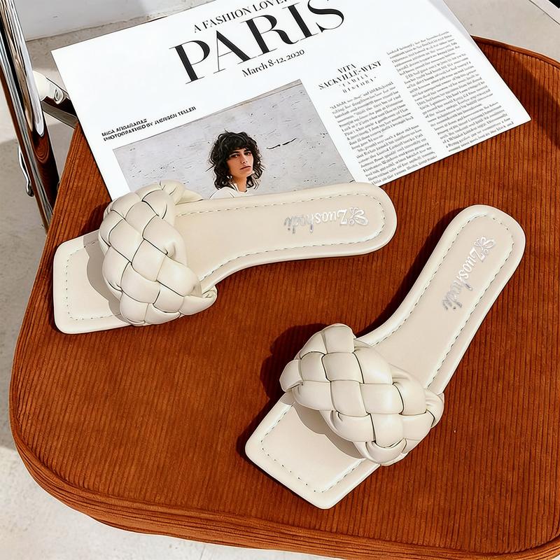 Breathable Fashion Square Toe Slide Sandals Women Woven Open Toe Flat Sandals Non-Slip Lightweight Casual Summer Footwear