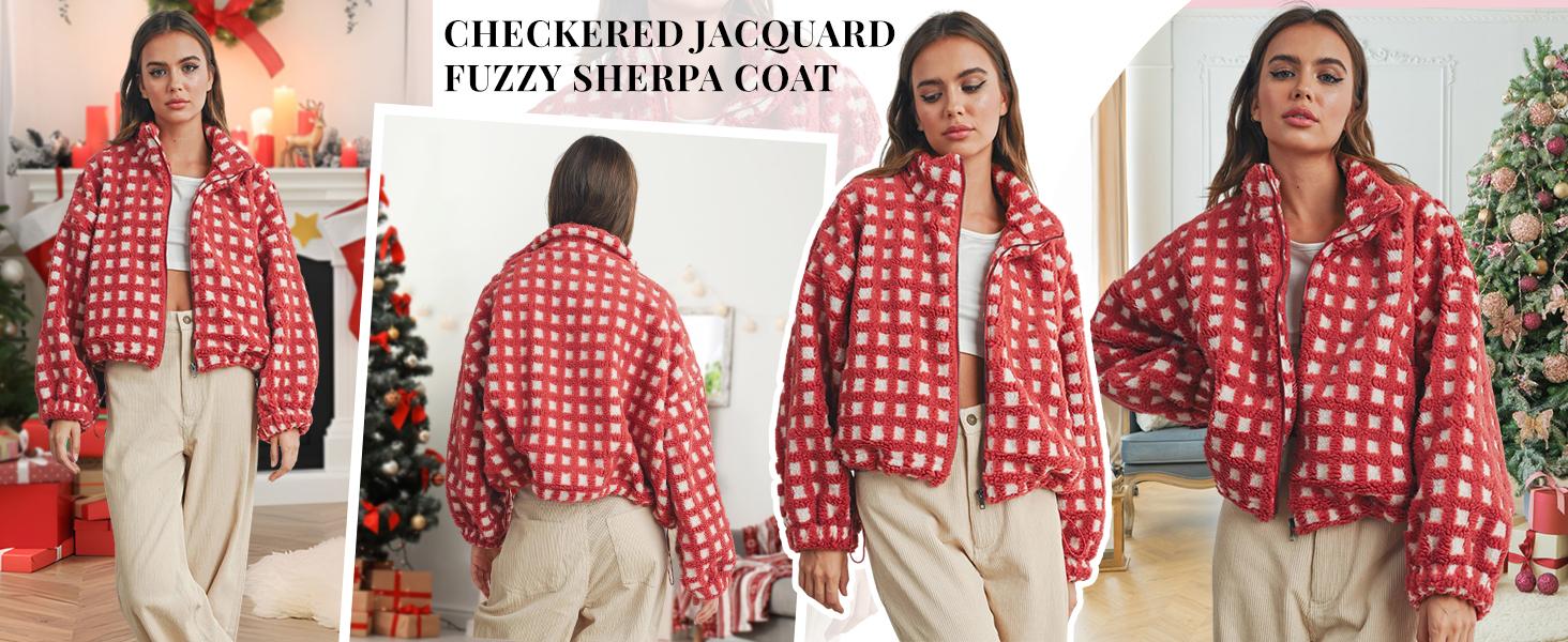 Construction detail of Women's Relaxed Plaid Drawstring Long-Sleeve Fleece Jacket with a zip-front closure