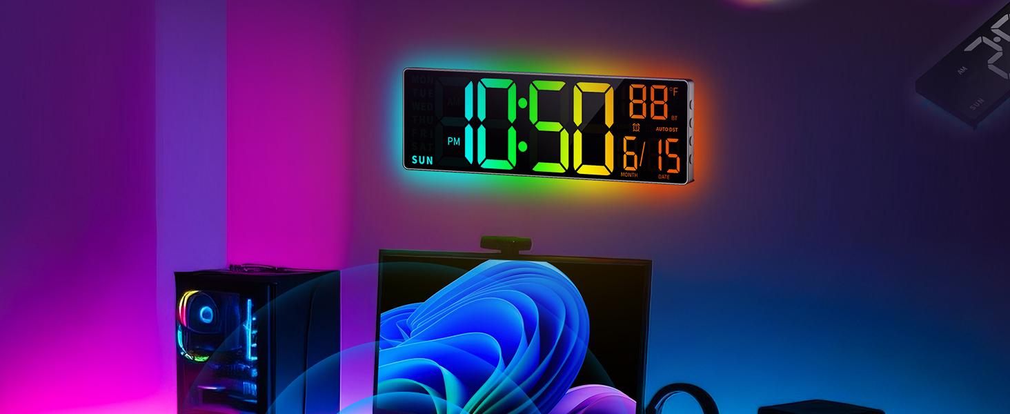 EASYERA 16.5" Large Digital Wall Clock with BT Sync, RGB Lights with 11 Scenes Mode Remote Control, Big LED Clock with Dual Alarms, Auto DST, Temperature for Classroom Gaming, Office, GameRoom, LivingRoom EASYERA 16.5" Large Digital Wall Clock with BT Sync, RGB Lights with 11 Scenes Mode Remote Control, Big LED Clock with Dual Alarms, Auto DST, Temperature for Classroom Gaming, Office, GameRoom, LivingRoom