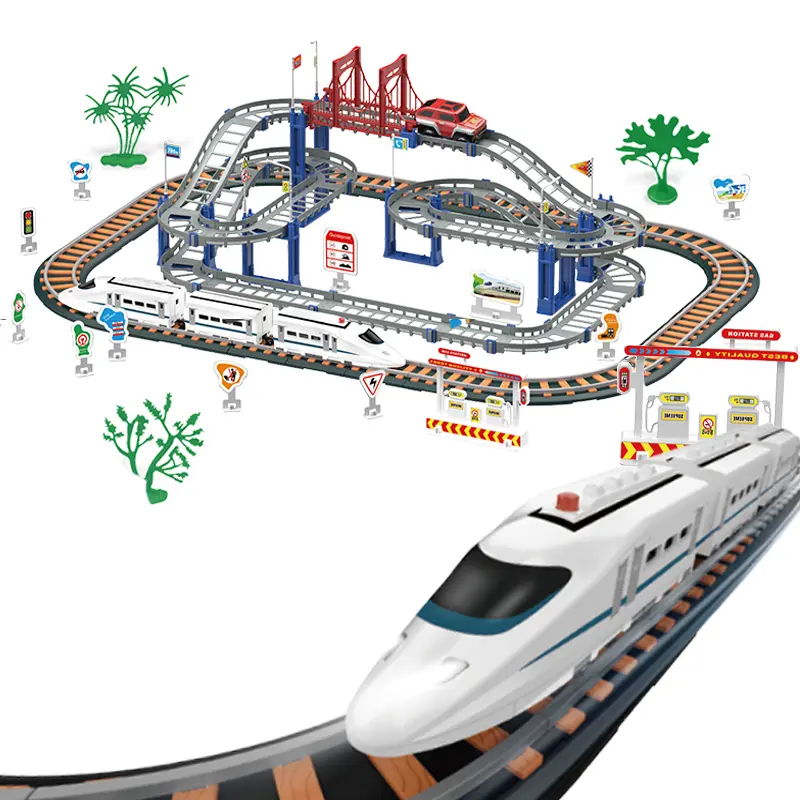 Urban Rail Transit Electric Train Playset for Boys - Car Tracks, Lights-Up Bridge, Road Signs, Realistic Sound Effects, Kids' Birthday Decoration Toy Playtime