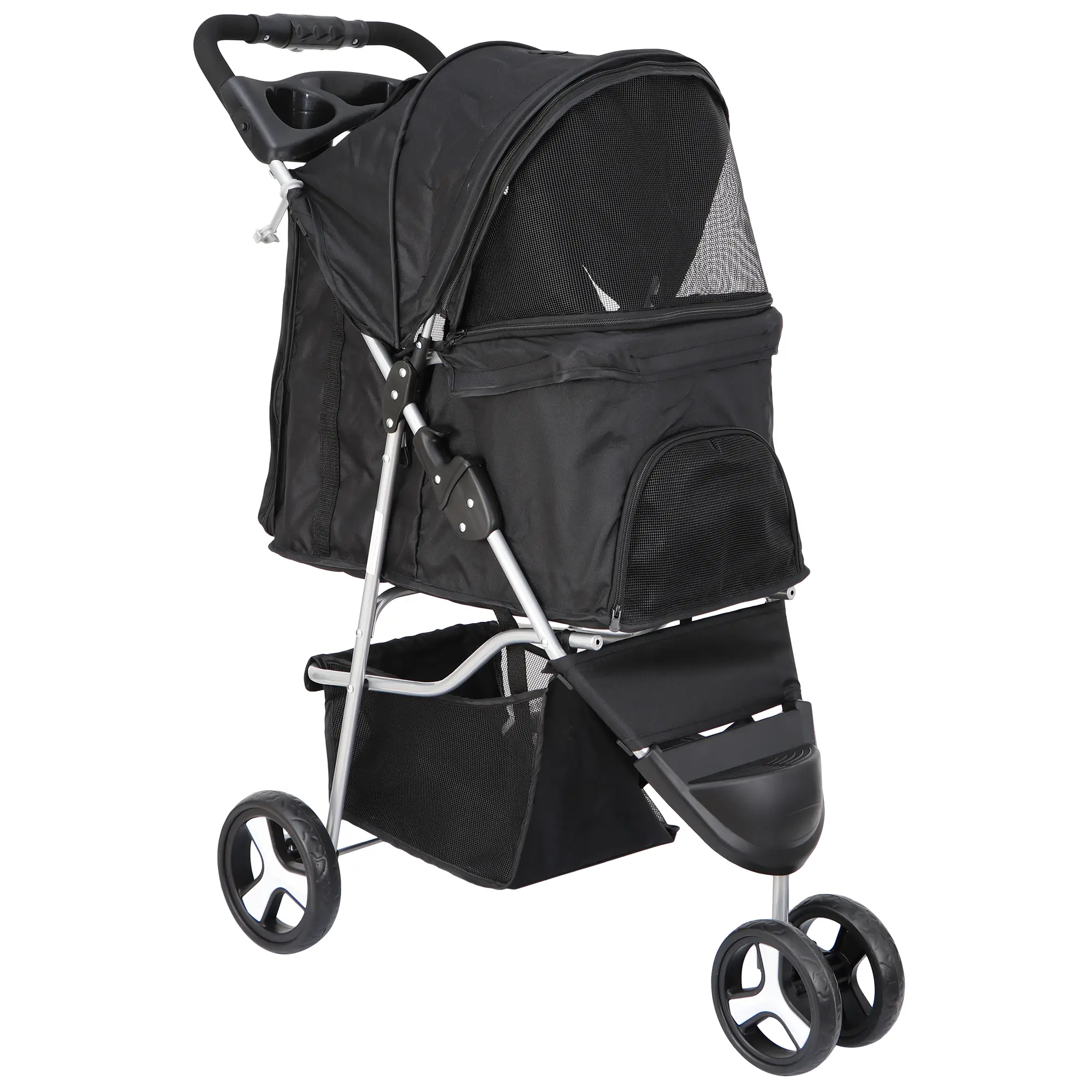 Zeny 3-Wheel Foldable Pet Stroller - Dog Jogging Cart, Animal Carrier with Cup Holder, Storage Basket, Stable Design, Breathable Seat Covers, Black