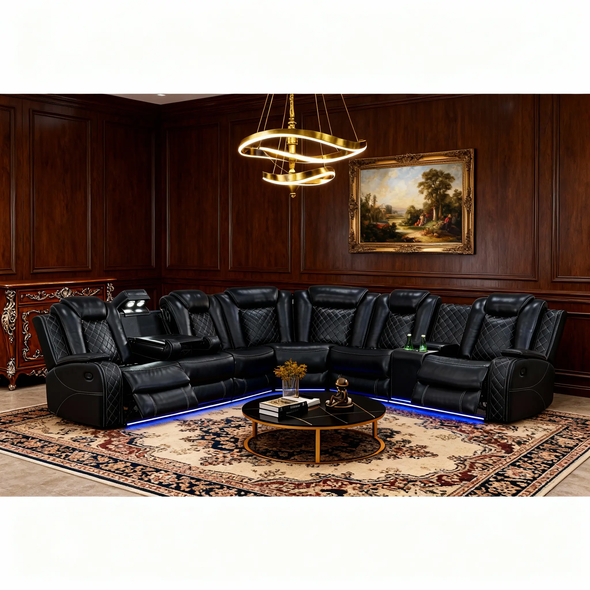 High Quality Durable Pre-Assembled 3-Piece Modern Black Breathable Leather Recliner Sofa Set - Push-Back Reclining Sectional Couch with Cup Holders, Modular Sectional Couch for Home Theater Living Room Furniture