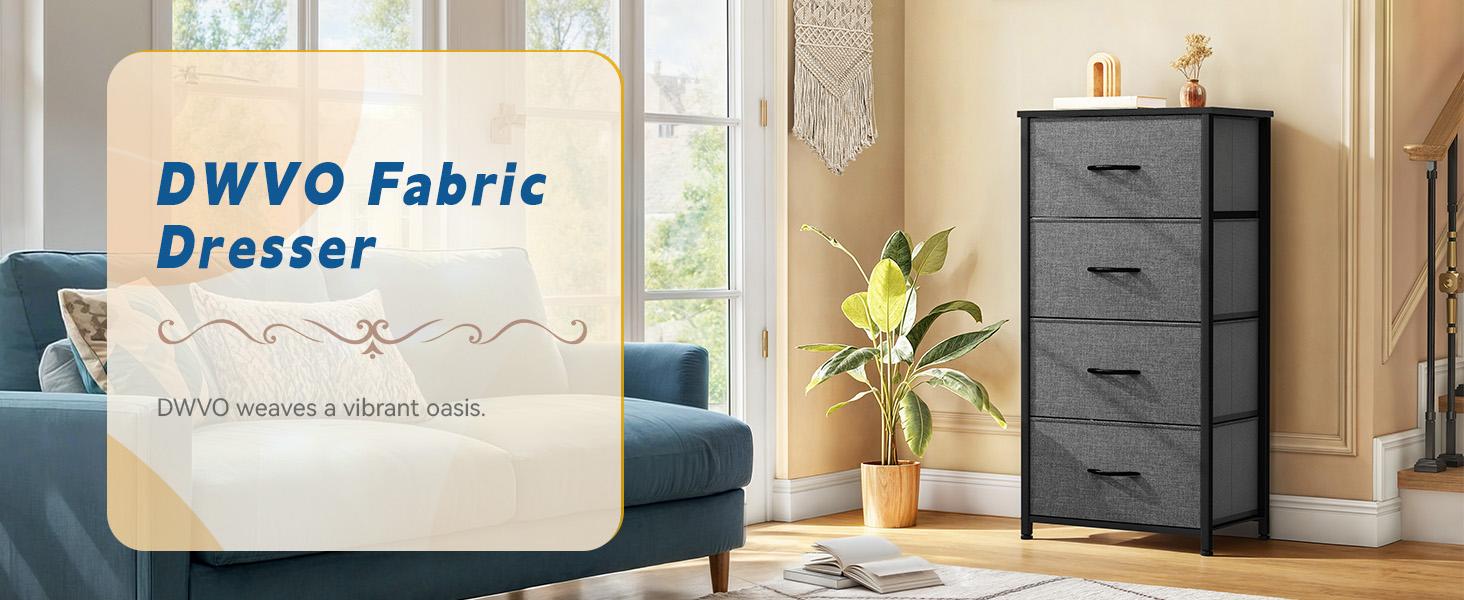 Cozeware Storage Tower with 4 Drawers - Fabric Dresser, Organizer Unit for Bedroom, Living Room, Closets - Sturdy Steel Frame, Easy Pull Fabric Bins & Wooden Top